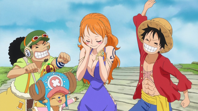 Nami with Luffy, Usopp and Chopper