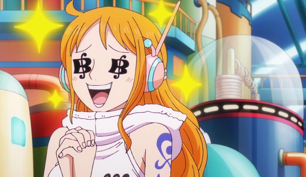 Nami getting excited seeing the treasure at Egghead.