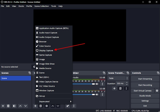 Selecting Display Capture for Recording in OBS