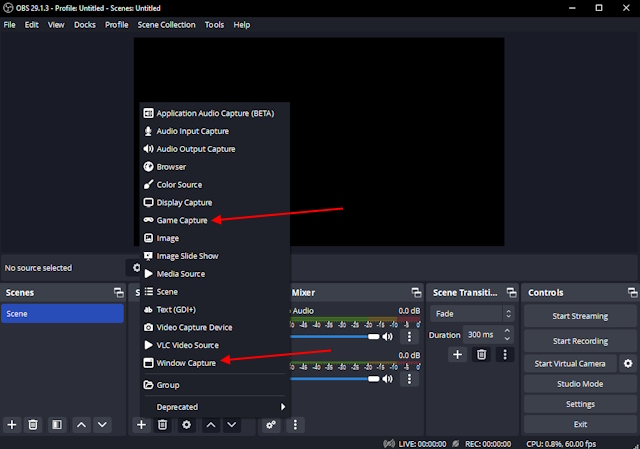 Selecting Window and Game Capture on OBS
