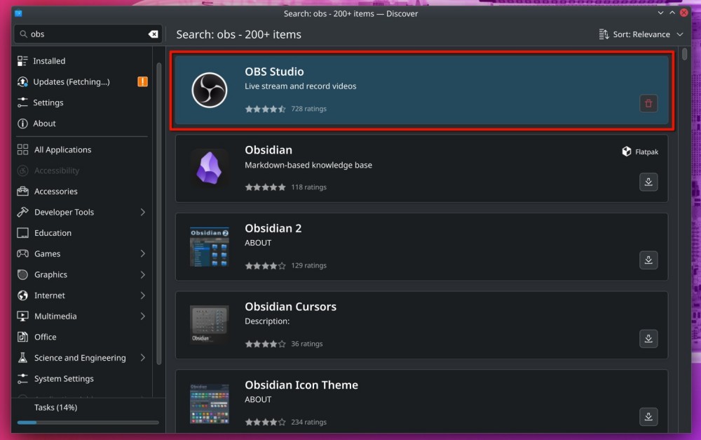 OBS studio on Discover Fedora Linux