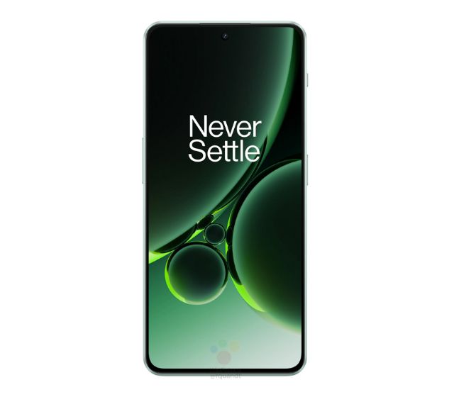 OnePlus Nord 3 front render in green color placed on a white background