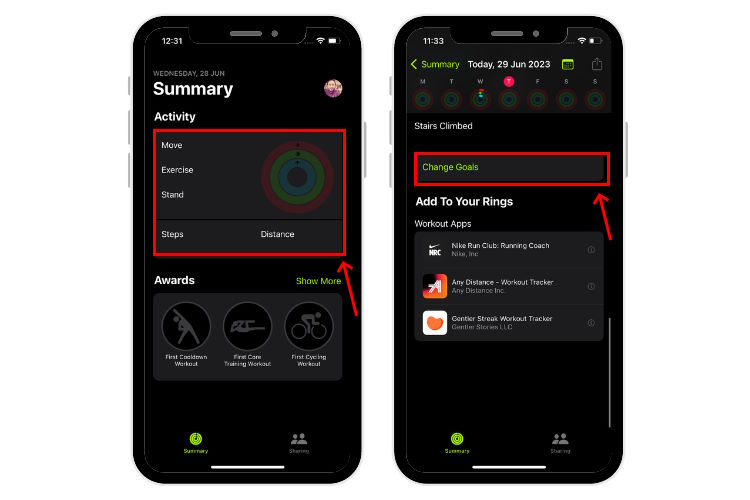 Open Fitness App on iPhone and choose Change Goals option
