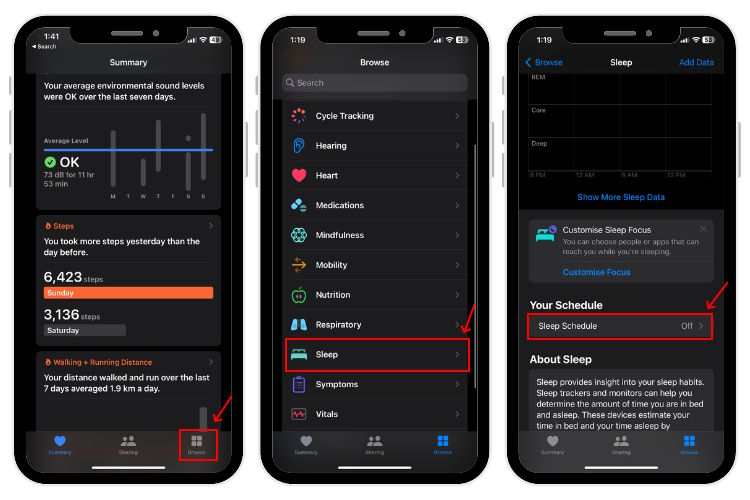 Open Health app on iPhone and enable Sleep Schedule