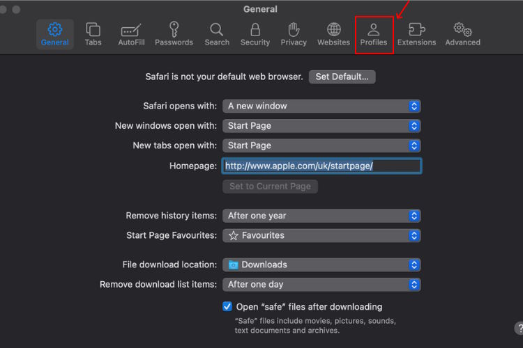 Open Profiles in Safari Settings on Mac