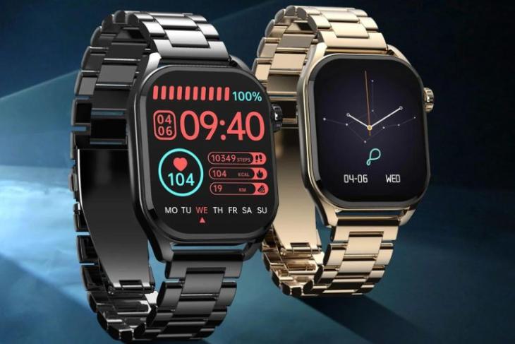 Pebble Cosmos Vogue Smartwatch in black and gold color options showcased with a blue background