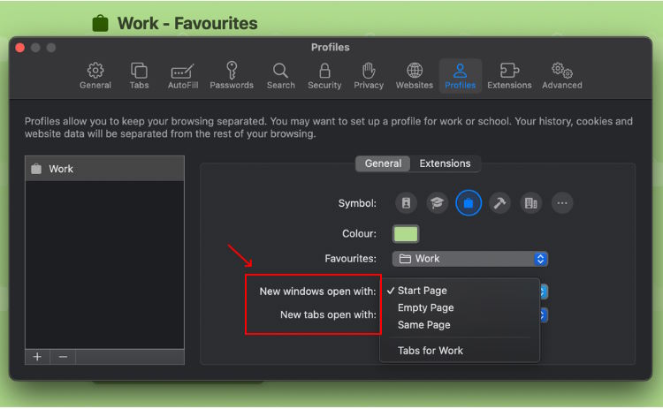 Profile settings in Safari on Mac