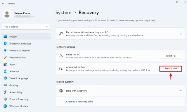 Putting Windows 11 in Advanced Startup Mode through Recovery Settings