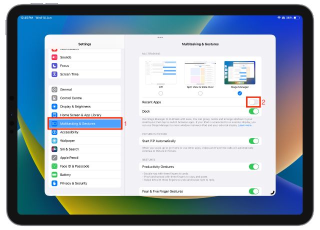 Recent Apps toggle in iPad Settings
