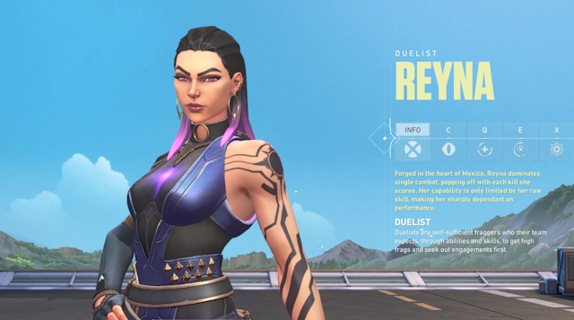 valorant의 능력이있는 Reyna 캐릭터 선택 화면