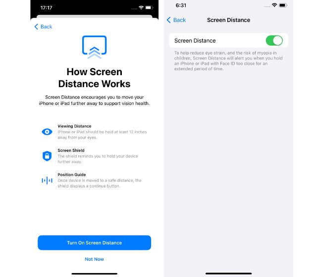 Screen Distance iOS 17 enable