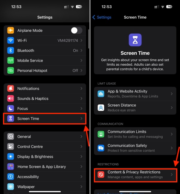 Screen Time section in iPhone Settings