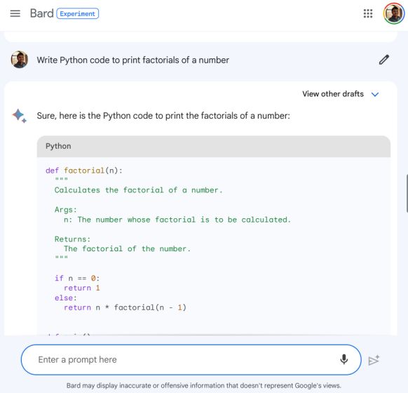 google bard generated code