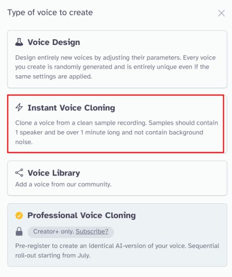 instant voice cloning on elevenlabs