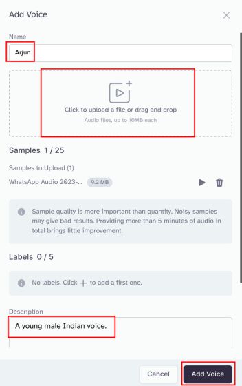 upload audio file on elevenlabs