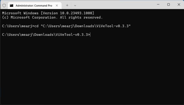 change directory to vivetool folder using terminal