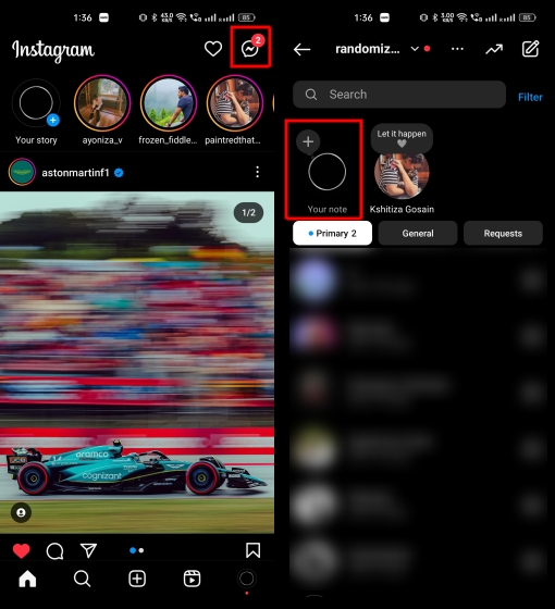 As imagens retratam a tela inicial e a lista DM do Instagram