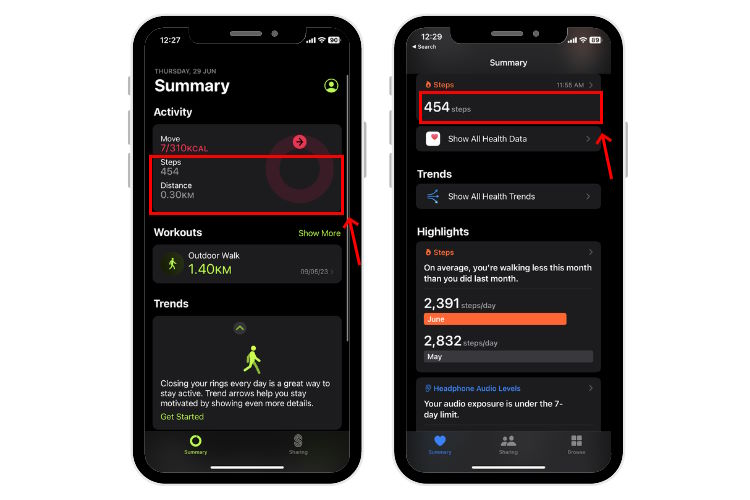 See Steps Count in Fitness app and Health app on iPhone