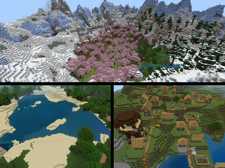Beautiful cherry grove valley on the top, smallest ocean biome ever in the bottom left corner and a pillager outpost inside a village in the bottom right corner