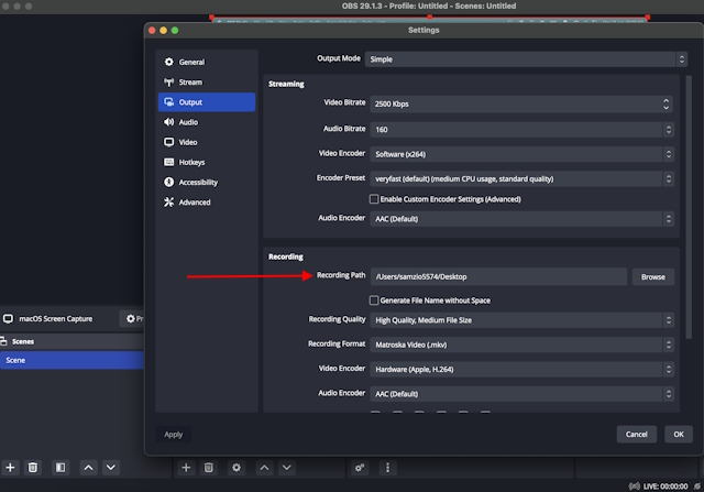 Selecting Recording Path in mac OBS