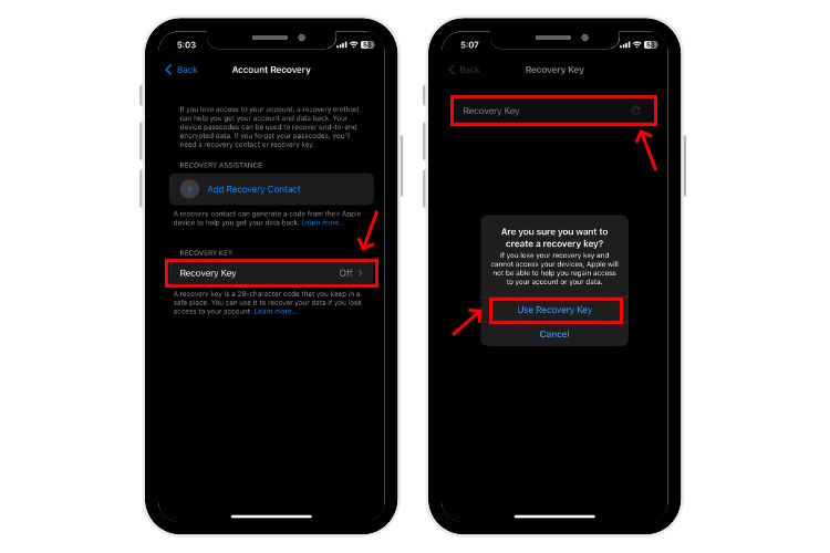 Set up and use recovery key option on iPhone