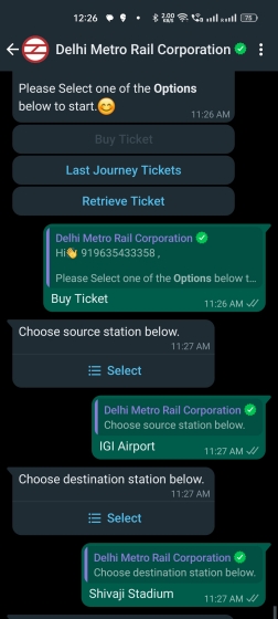 DMRC Buy Ticket option on WhatsApp