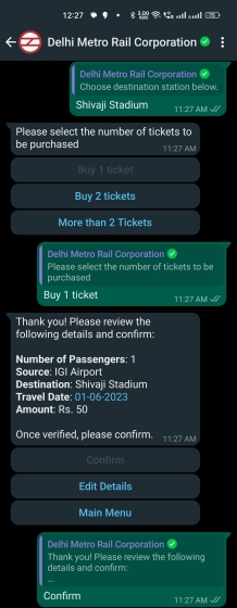DMRC tickets on whatsapp