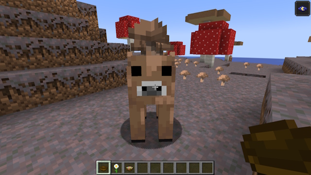 Milking a brown mooshroom in Minecraft