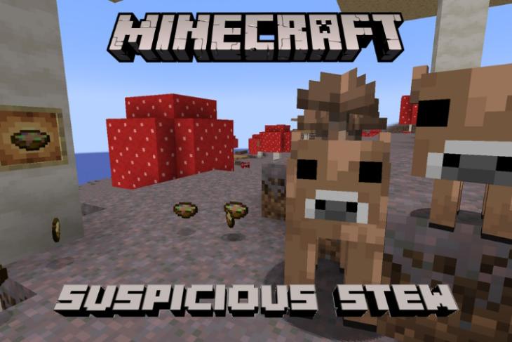 Brown mooshrooms and suspicious stew items on a mushroom island in Minecraft