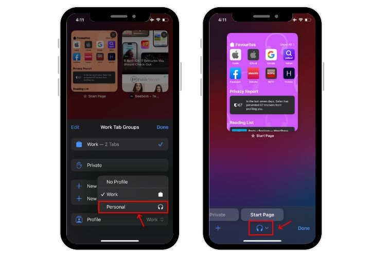 Switch profiles in Safari on iPhone