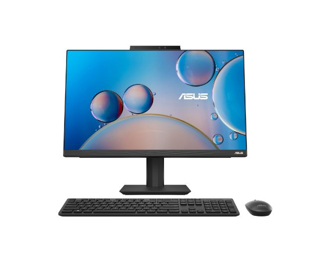 The Asus AIO A5 desktop showcased in black color option with Asus branded peripherals