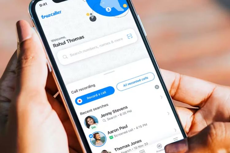 The image represents the call recording feature of Truecaller on iOS