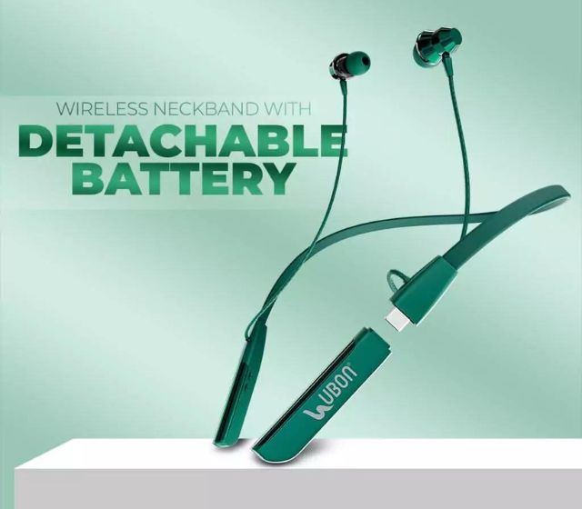 The neckband with its detachable battery feature in green colour