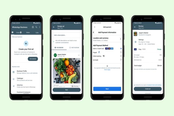 This image depicts the ability of WhatsApp Business to create Facebook and Instagram Ads