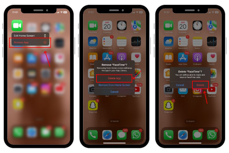 Touch and hold FaceTime icon and tap Delete App