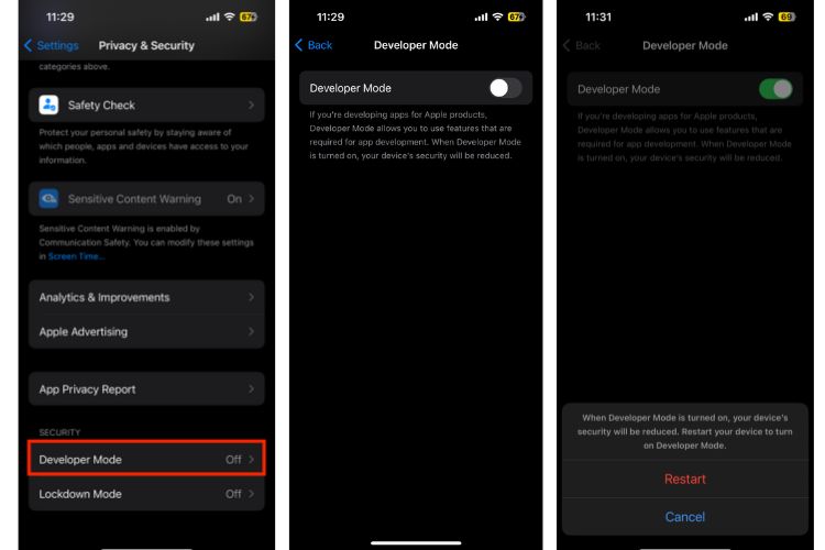 Turn on Developer Mode from iPhone Settings App