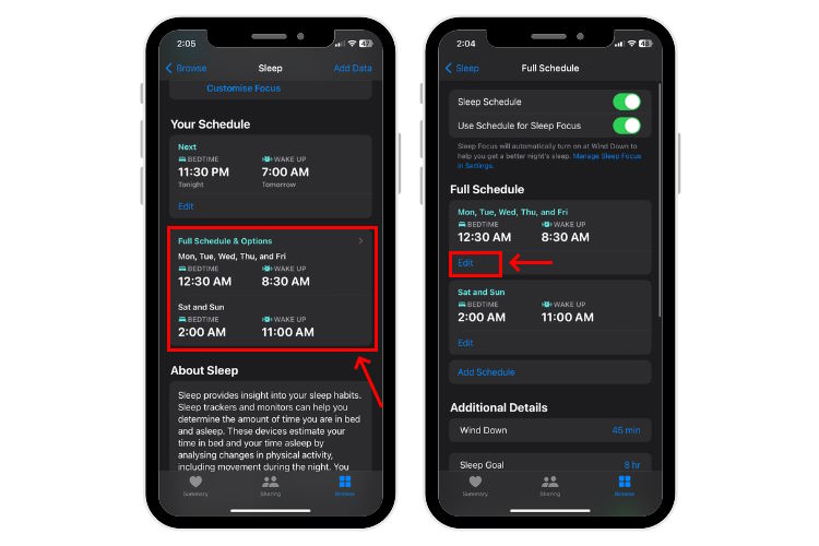 Update Full Sleep Schedule in Sleep App on iPhone