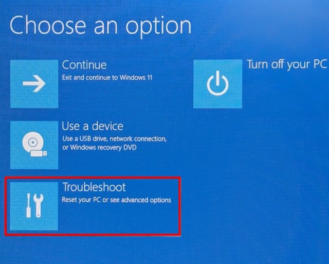 Troubleshoot option in Advanced Startup Menu of Windows 11