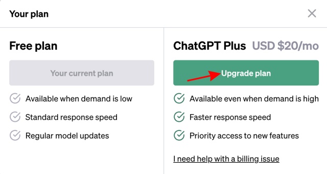 A screenshot showing ChatGPT upgrade plan button