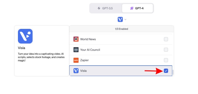A screenshot showing how to select the main visla plugin 