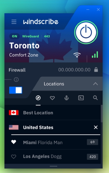 Windscribe VPN Linux window connected to Toronto