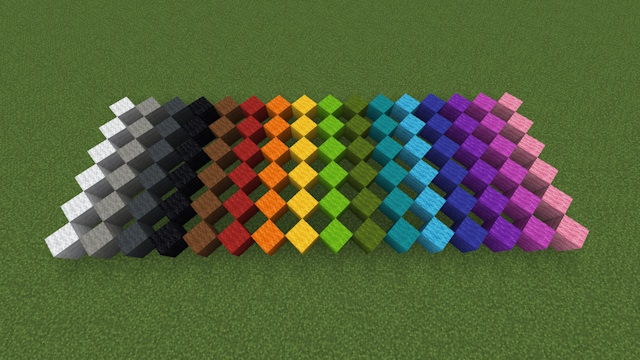 Wool blocks of all 16 colors in Minecraft