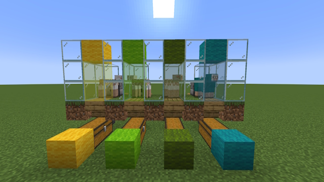 Four modules of a wool farm in Minecraft side by side