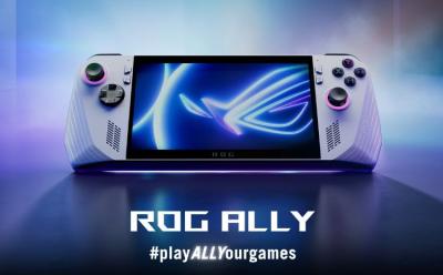 asus ROG Ally handheld console placed on a vibrant background