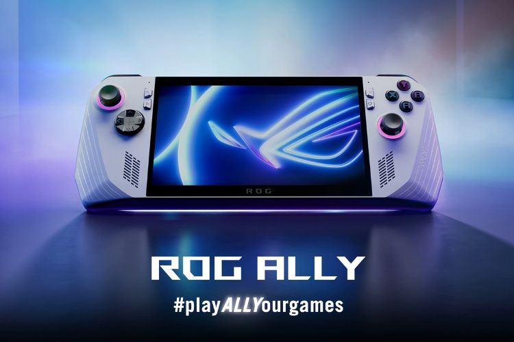 asus ROG Ally handheld console placed on a vibrant background