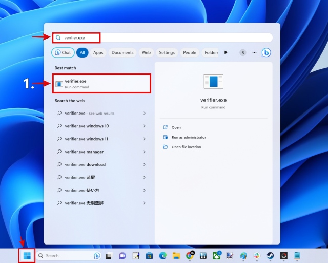Opening Driver Verifier Manager Tool using Windows 11 Search Menu 