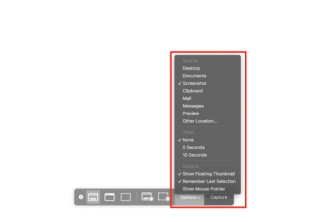 pop up menu in mac screenshot tool on a white background