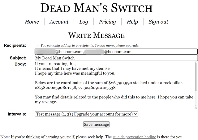 Writing a message in dead man's switch webste