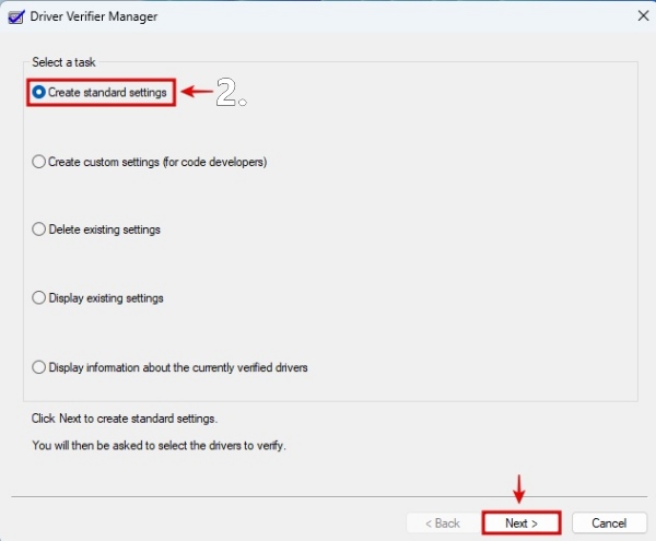Task selection in Windows 11 driver verifier manager