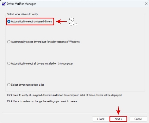 Select what drivers to verify in Windows 11 Driver Verified Manager 